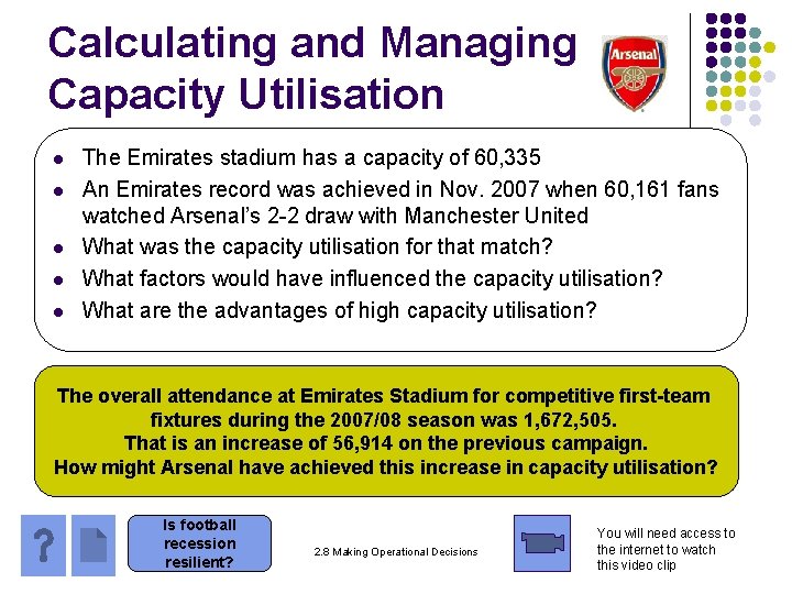Calculating and Managing Capacity Utilisation l l l The Emirates stadium has a capacity