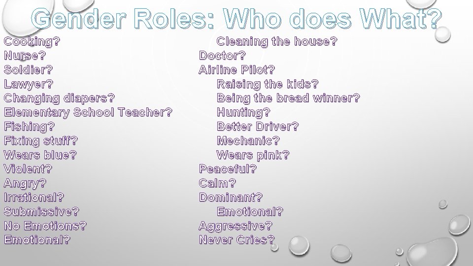 Gender Roles: Who does What? Cooking? Nurse? Soldier? Lawyer? Changing diapers ? Elementary School