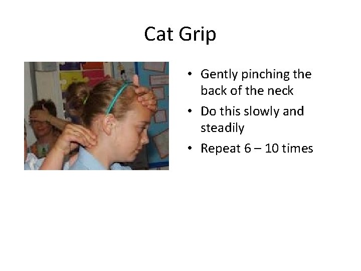 Cat Grip • Gently pinching the back of the neck • Do this slowly