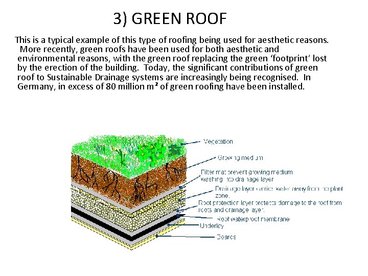 3) GREEN ROOF This is a typical example of this type of roofing being