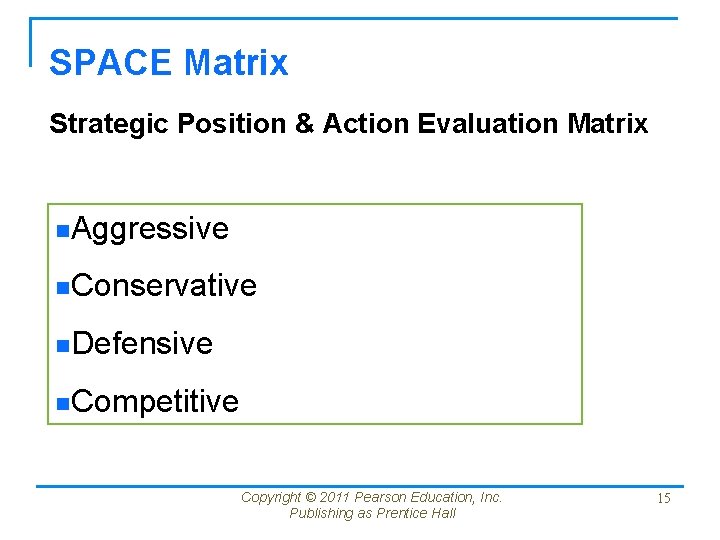 SPACE Matrix Strategic Position & Action Evaluation Matrix n. Aggressive n. Conservative n. Defensive