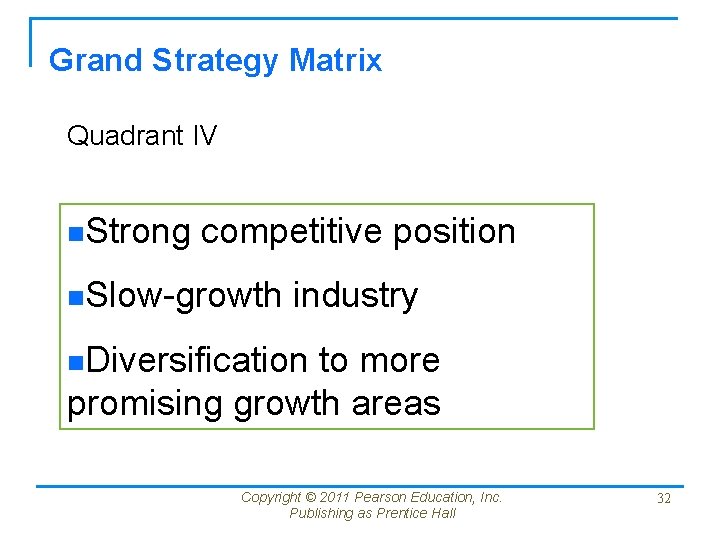 Grand Strategy Matrix Quadrant IV n. Strong competitive position n. Slow-growth industry n. Diversification