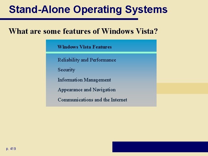 Stand-Alone Operating Systems What are some features of Windows Vista? Windows Vista Features Reliability Stand-Alone Operating Systems What are some features of Windows Vista? Windows Vista Features Reliability