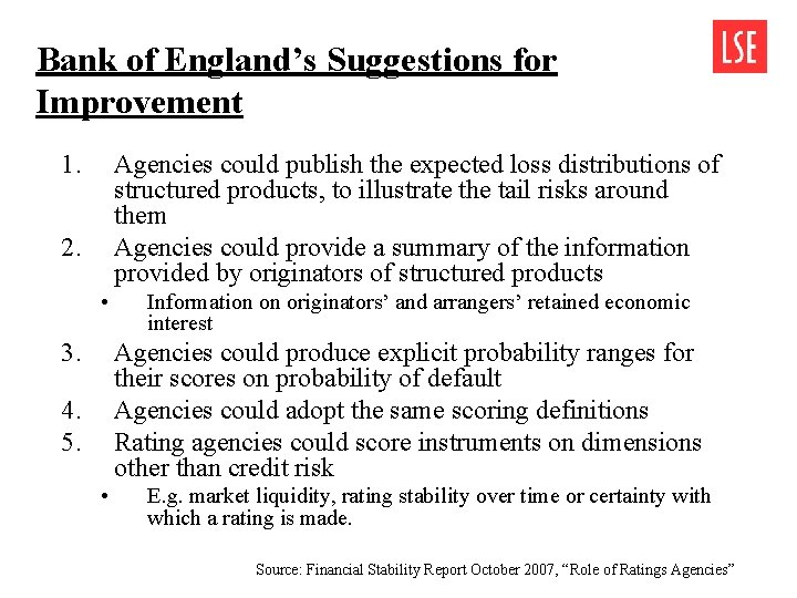 Bank of England’s Suggestions for Improvement 1. Agencies could publish the expected loss distributions Bank of England’s Suggestions for Improvement 1. Agencies could publish the expected loss distributions