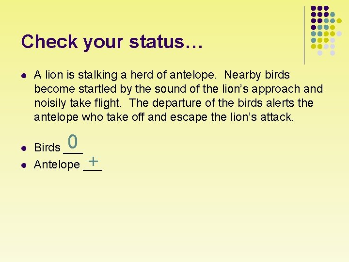 Check your status… l A lion is stalking a herd of antelope. Nearby birds