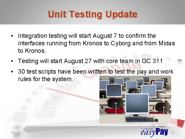 Unit Testing Update • Integration testing will start August 7 to confirm the interfaces Unit Testing Update • Integration testing will start August 7 to confirm the interfaces