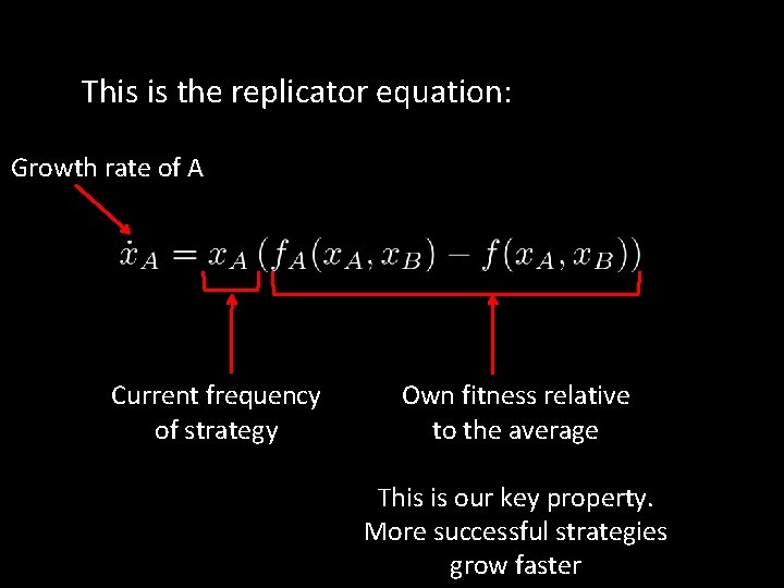 This is the replicator equation: Growth rate of A Current frequency of strategy Own This is the replicator equation: Growth rate of A Current frequency of strategy Own
