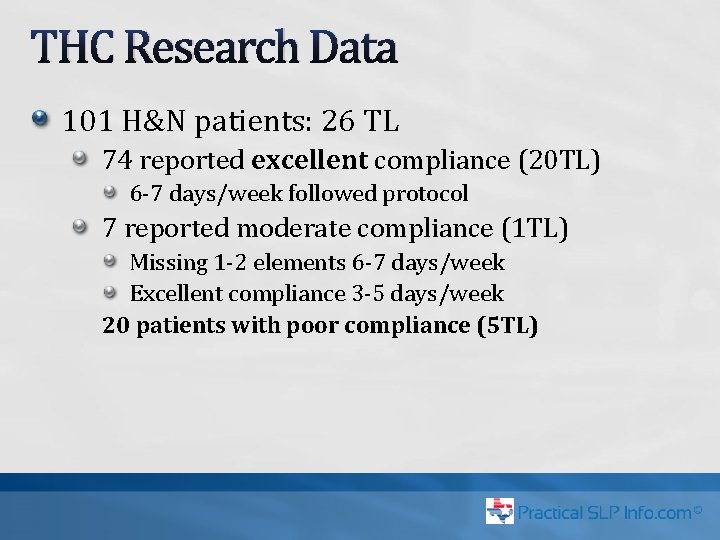 THC Research Data 101 H&N patients: 26 TL 74 reported excellent compliance (20 TL)