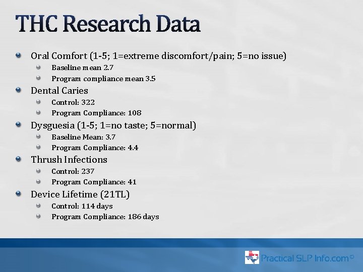 THC Research Data Oral Comfort (1 -5; 1=extreme discomfort/pain; 5=no issue) Baseline mean 2.