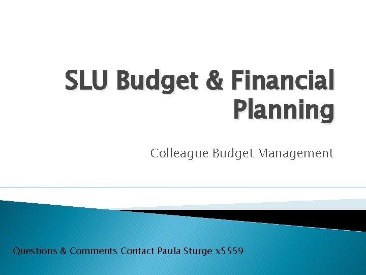 SLU Budget & Financial Planning Colleague Budget Management Questions & Comments Contact Paula Sturge