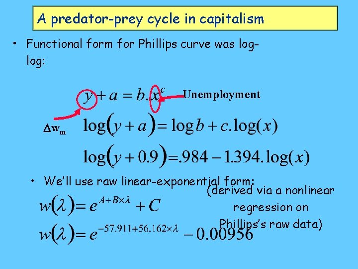 A predator-prey cycle in capitalism • Functional form for Phillips curve was loglog: Unemployment