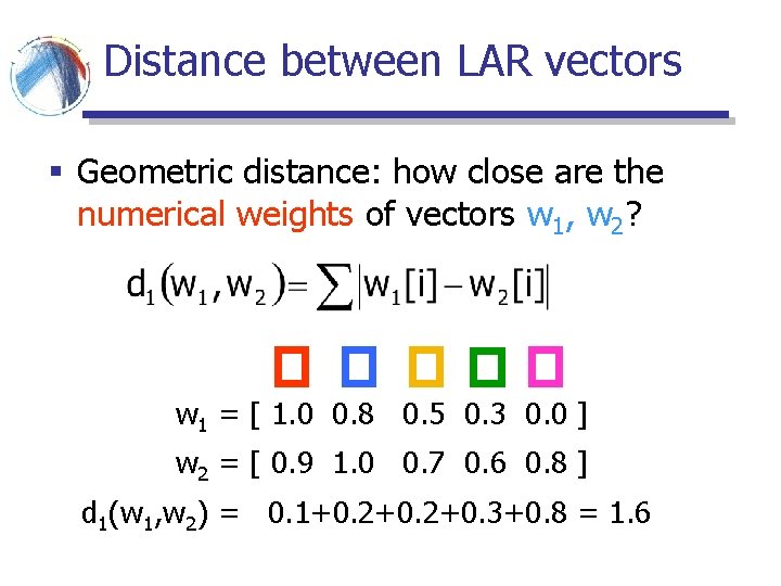 Distance between LAR vectors § Geometric distance: how close are the numerical weights of Distance between LAR vectors § Geometric distance: how close are the numerical weights of