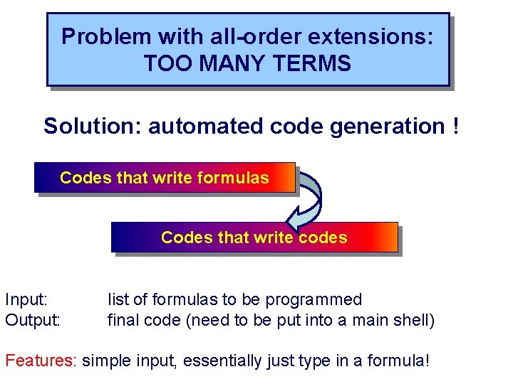 Problem with all-order extensions: TOO MANY TERMS Solution: automated code generation ! Codes that