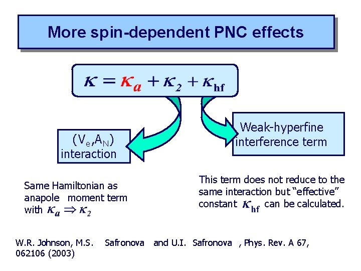 More spin-dependent PNC effects (V e , A N ) interaction Same Hamiltonian as