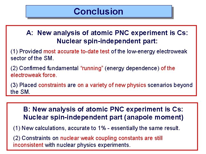 Conclusion A: New analysis of atomic PNC experiment is Cs: Nuclear spin-independent part: (1)