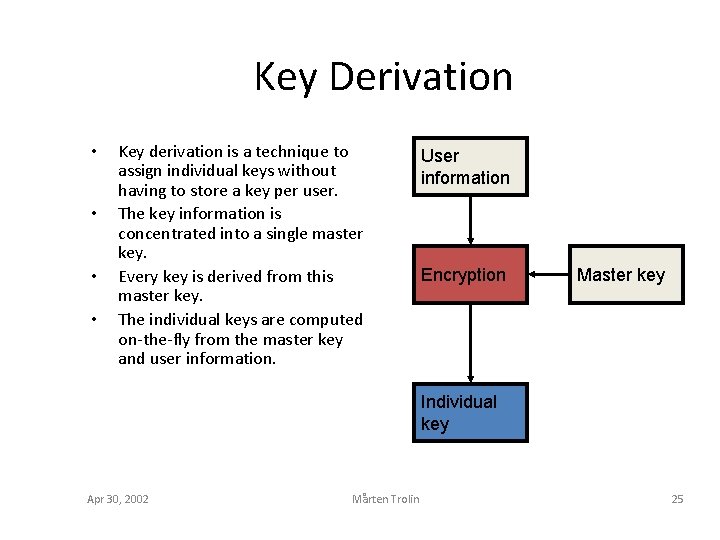 Key Derivation • • Key derivation is a technique to assign individual keys without