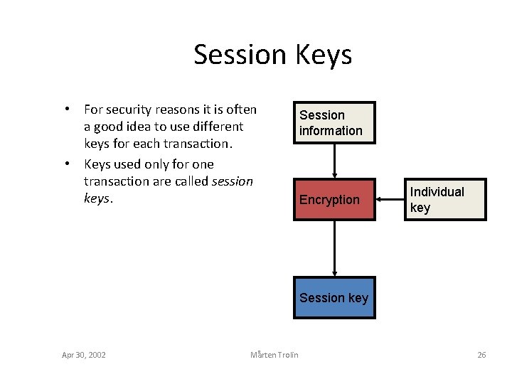 Session Keys • For security reasons it is often a good idea to use