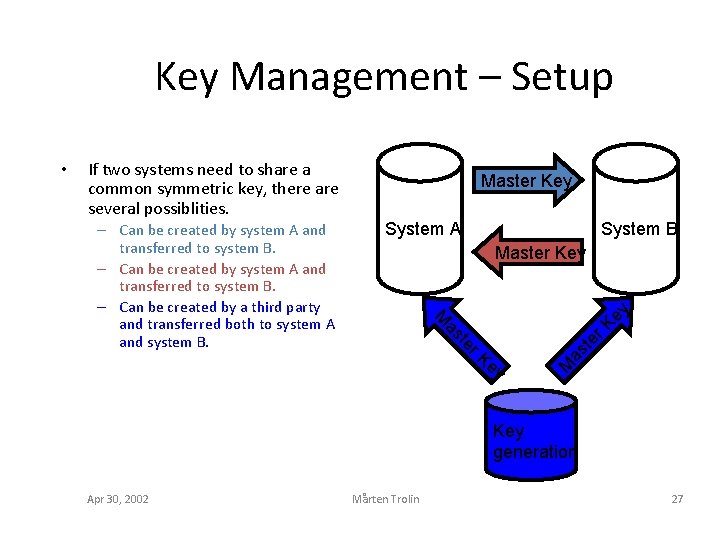 Key Management – Setup If two systems need to share a common symmetric key,