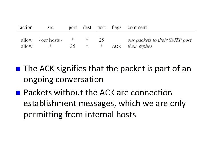 The ACK signifies that the packet is part of an ongoing conversation n Packets