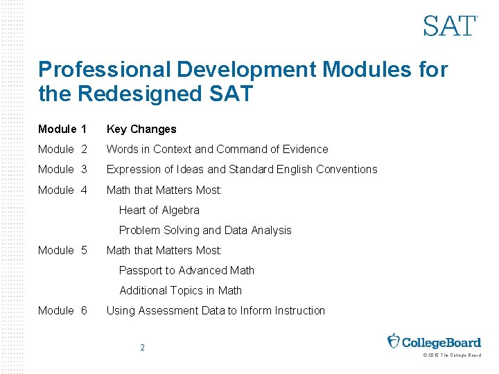 Professional Development Modules for the Redesigned SAT Module 1 Key Changes Module 2 Words