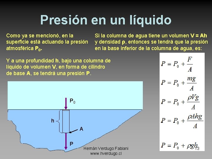 Presión en un líquido Como ya se mencionó, en la superficie está actuando la