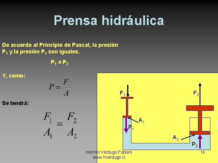 Prensa hidráulica De acuerdo al Principio de Pascal, la presión P 1 y la
