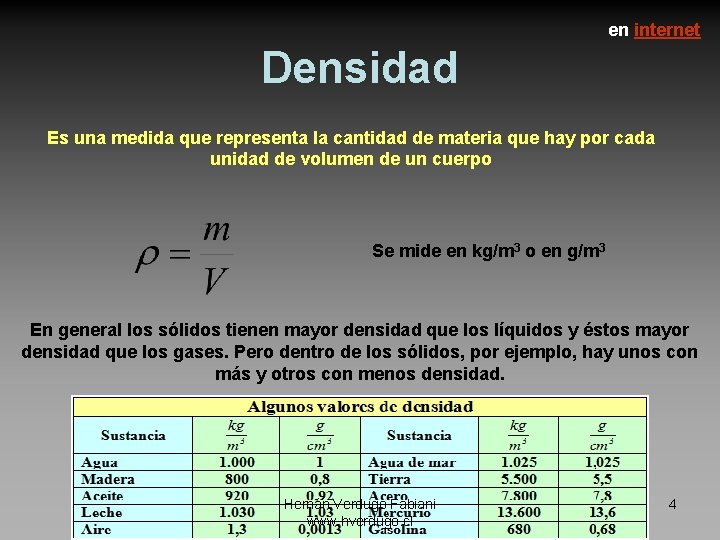 en internet Densidad Es una medida que representa la cantidad de materia que hay