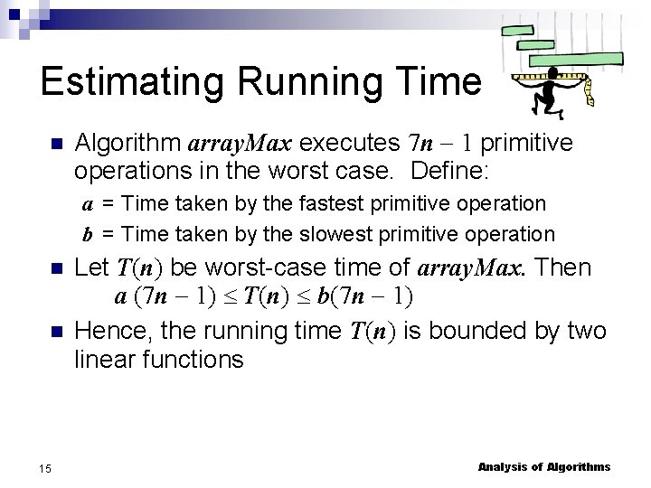 Estimating Running Time Algorithm array. Max executes 7 n 1 primitive operations in the