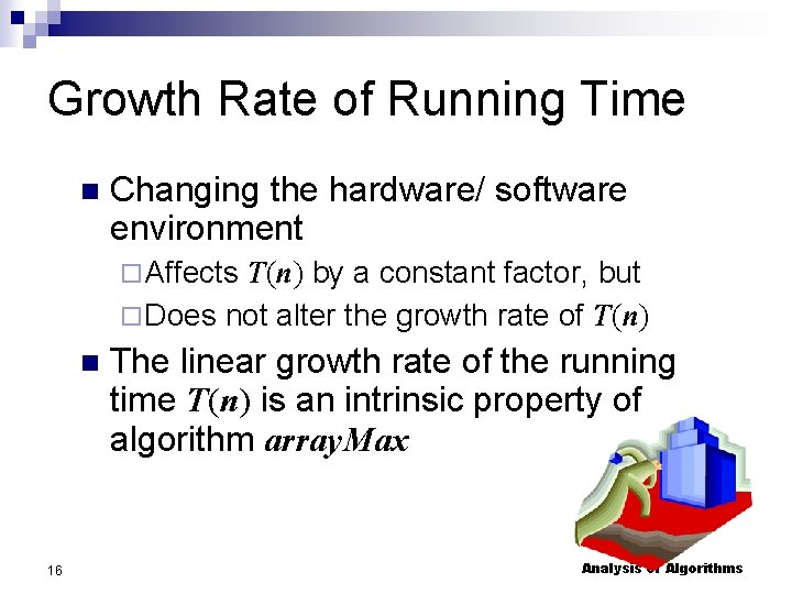 Growth Rate of Running Time Changing the hardware/ software environment Affects T(n) by a
