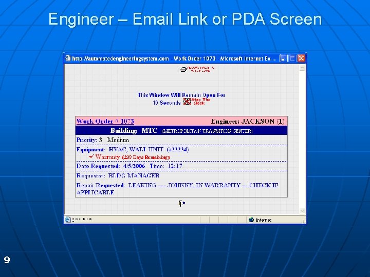 Engineer – Email Link or PDA Screen 9 