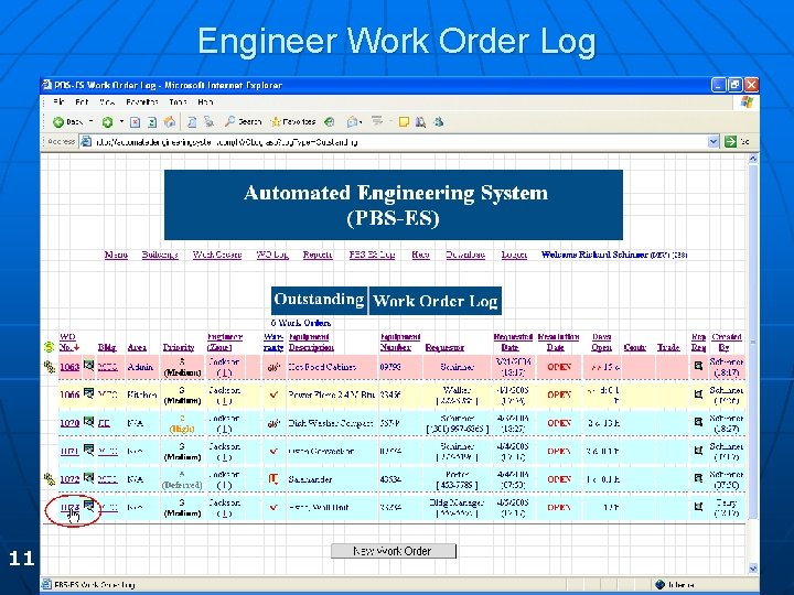 Engineer Work Order Log 11 