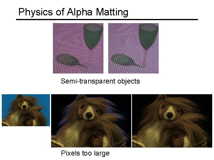 Physics of Alpha Matting Semi-transparent objects Pixels too large 