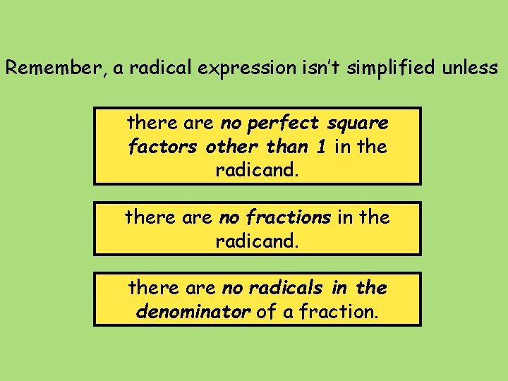 Remember, a radical expression isn’t simplified unless there are no perfect square factors other