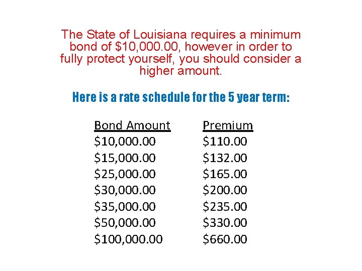 The State of Louisiana requires a minimum bond of $10, 000. 00, however in The State of Louisiana requires a minimum bond of $10, 000. 00, however in