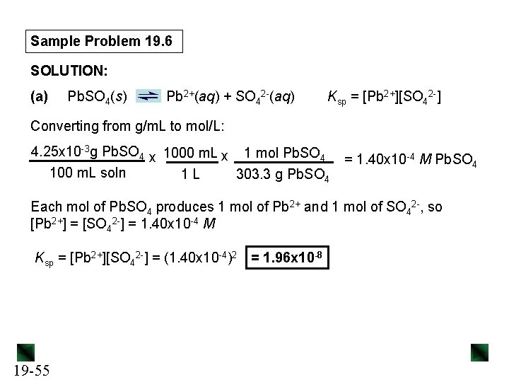 Sample Problem 19. 6 SOLUTION: (a) Pb. SO 4(s) Pb 2+(aq) + SO 42