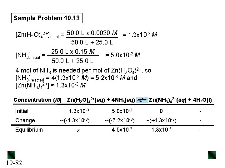 Sample Problem 19. 13 [Zn(H 2 O)42+]initial = 50. 0 L x 0. 0020