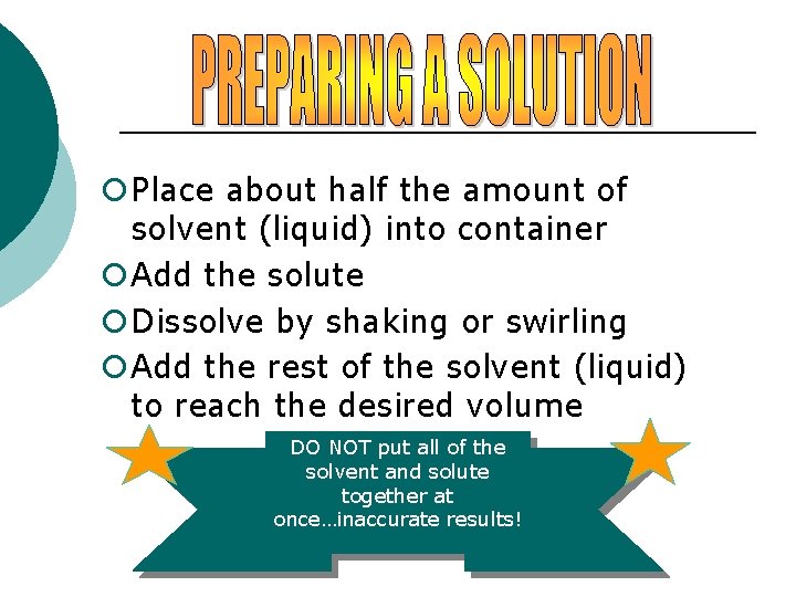 ¡Place about half the amount of solvent (liquid) into container ¡Add the solute ¡Dissolve ¡Place about half the amount of solvent (liquid) into container ¡Add the solute ¡Dissolve
