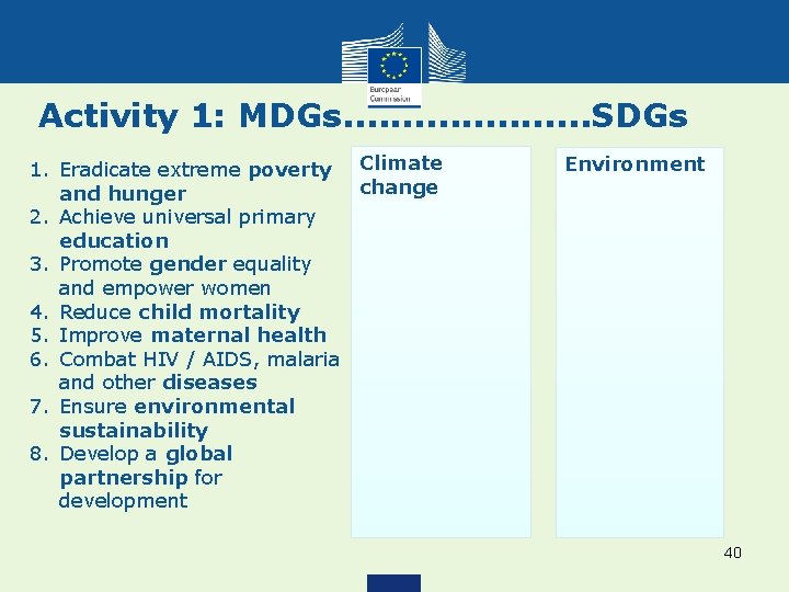 Activity 1: MDGs. . . . . SDGs 1. Eradicate extreme poverty Climate change