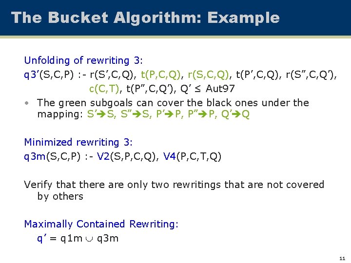 The Bucket Algorithm: Example Unfolding of rewriting 3: q 3’(S, C, P) : -