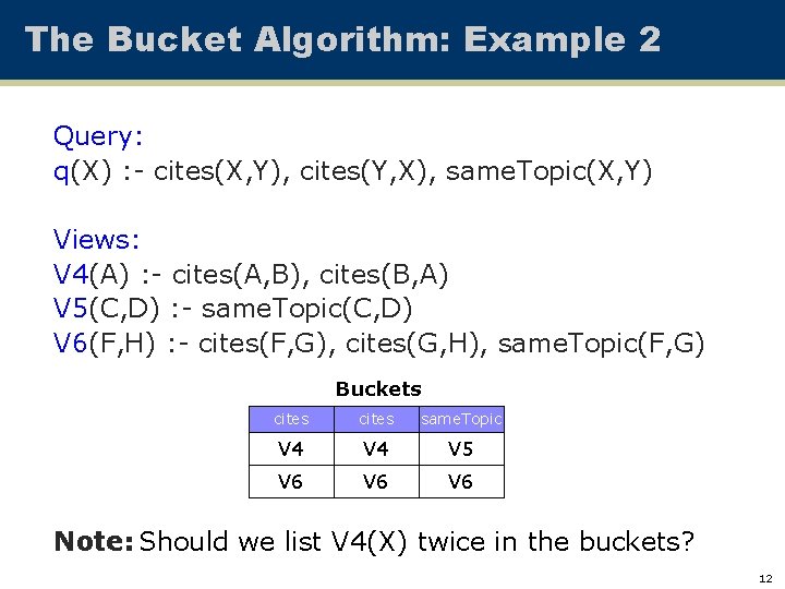 The Bucket Algorithm: Example 2 Query: q(X) : - cites(X, Y), cites(Y, X), same.