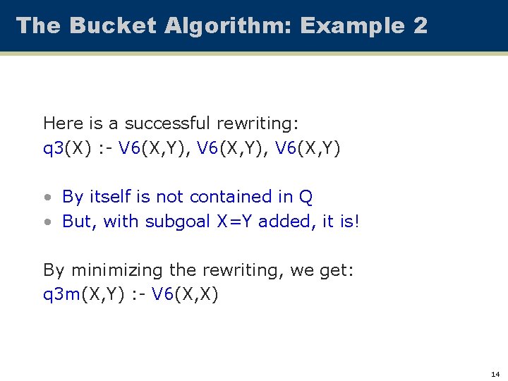 The Bucket Algorithm: Example 2 Here is a successful rewriting: q 3(X) : -