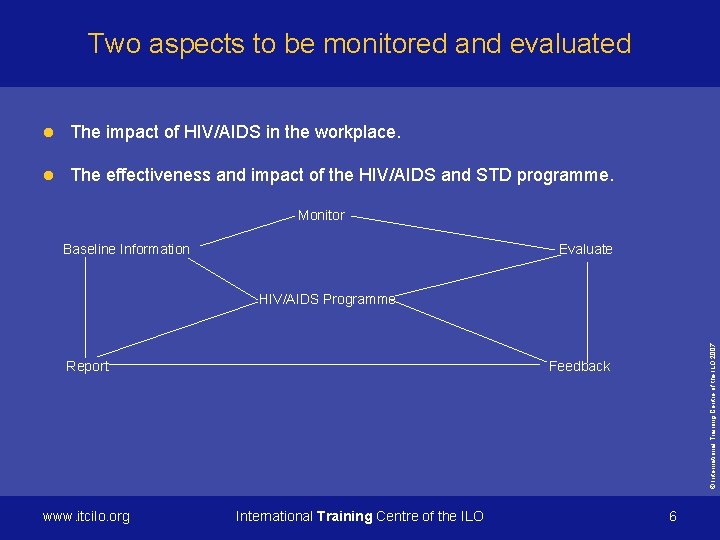 Two aspects to be monitored and evaluated l The impact of HIV/AIDS in the