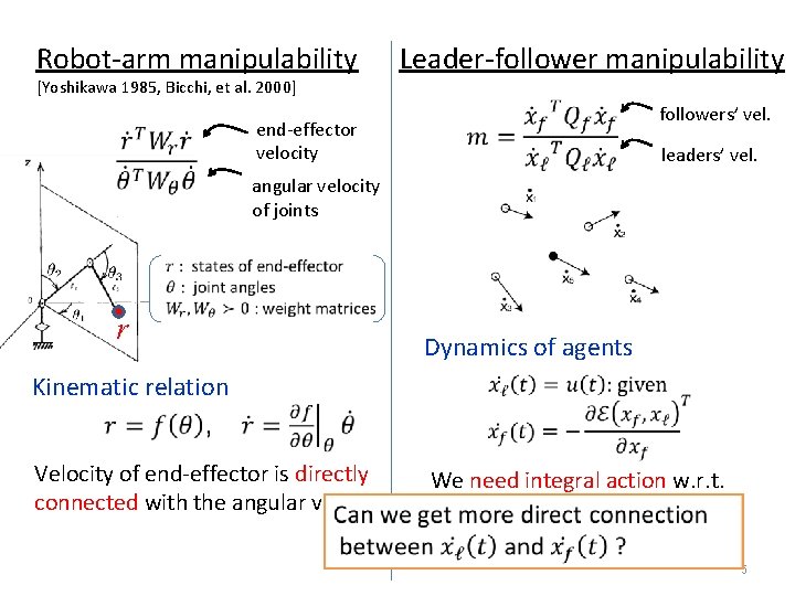 Robot-arm manipulability [Yoshikawa 1985, Bicchi, et al. 2000] end-effector velocity Leader-follower manipulability followers’ vel.