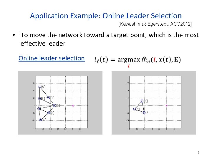 Application Example: Online Leader Selection [Kawashima&Egerstedt, ACC 2012] • To move the network toward
