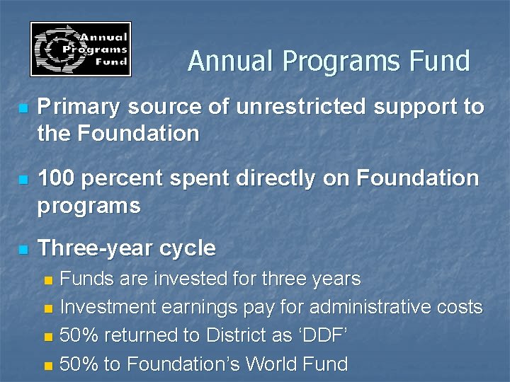 Annual Programs Fund n Primary source of unrestricted support to the Foundation n 100