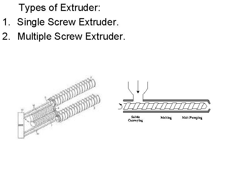 Types of Extruder: 1. Single Screw Extruder. 2. Multiple Screw Extruder. 