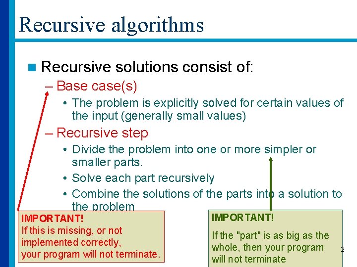 Recursive algorithms n Recursive solutions consist of: – Base case(s) • The problem is