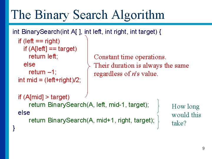 The Binary Search Algorithm int Binary. Search(int A[ ], int left, int right, int