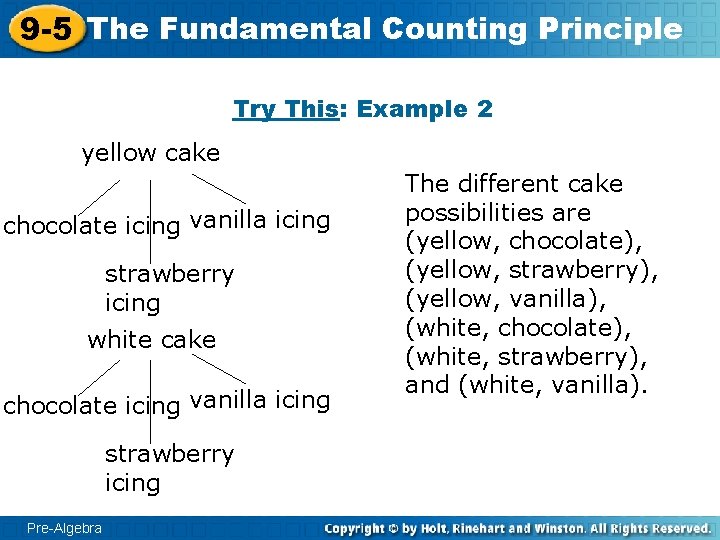 9 -5 The Fundamental Counting Principle Try This: Example 2 yellow cake chocolate icing