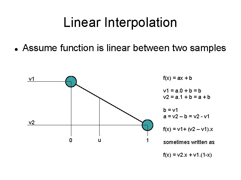 Linear Interpolation Assume function is linear between two samples f(x) = ax + b